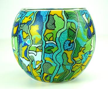Leuchtglas Nr. 109640, Farbverlauf gelb, grün, blau, Künstlermotiv, Windlicht, Hellmann Erlangen