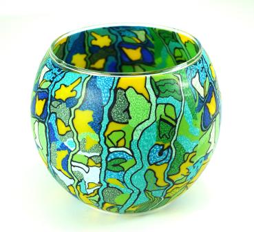 Leuchtglas Nr. 109640, Farbverlauf gelb, grün, blau, Künstlermotiv, Windlicht, Hellmann Erlangen
