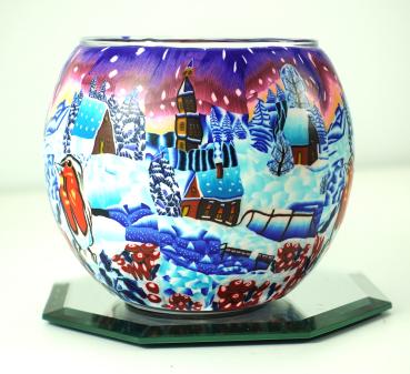 Leuchtglas Nr. 109671, Künstlermotiv Winterdorf bei Nacht, Windlicht