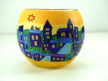 Leuchtglas Nr. 109856 Künstlermotiv Stadt in blau, Windlicht, Hellmann GmbH Erlangen