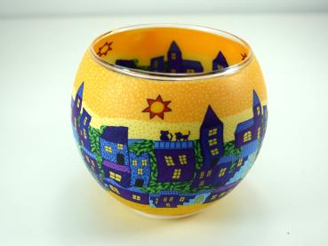 Leuchtglas Nr. 109856 Künstlermotiv Stadt in blau, Windlicht, Hellmann GmbH Erlangen