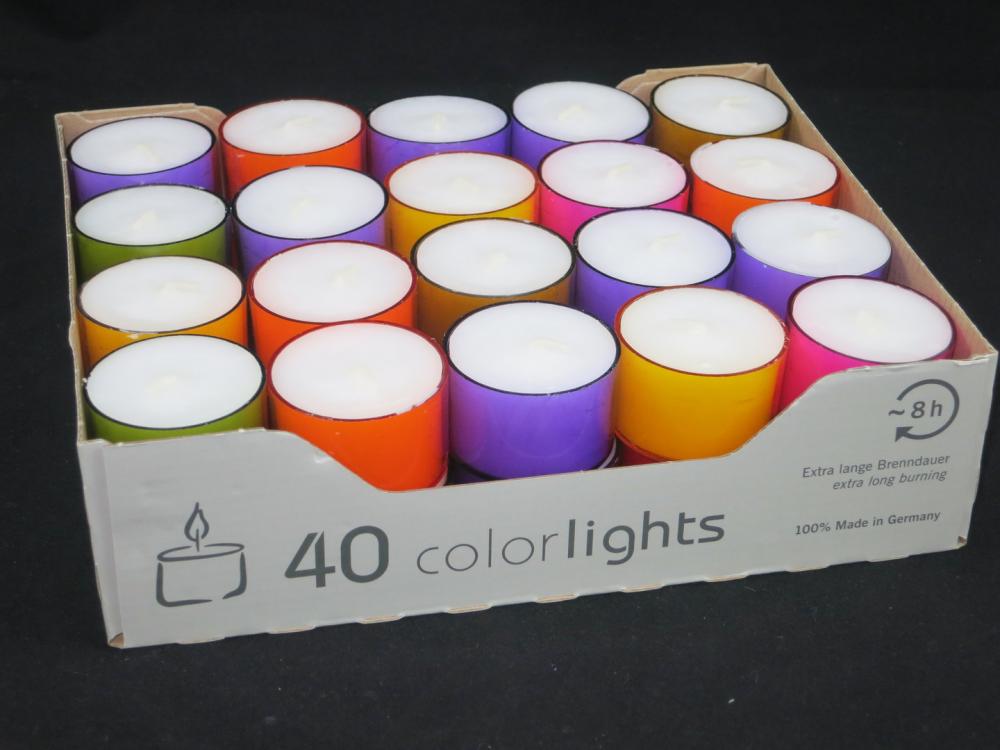 Teelichter Nightlights Winterlights, Brennd. 8 Std., 40 Stück, farbige Hülle, Kerzen Wenzel