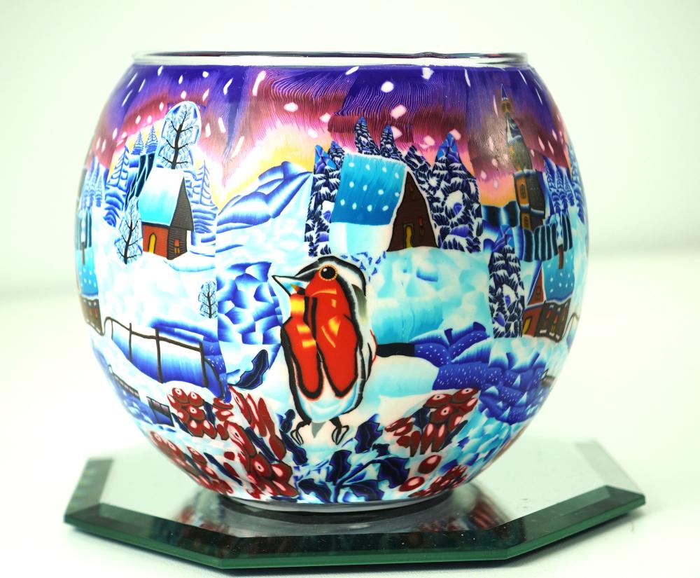 Leuchtglas Nr. 109671, Künstlermotiv Winterdorf bei Nacht, Windlicht