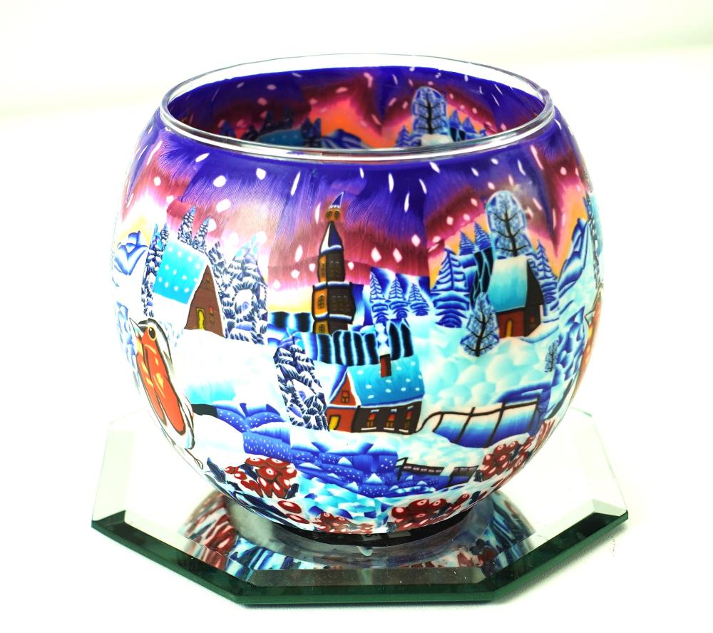 Leuchtglas Nr. 109671, Künstlermotiv Winterdorf bei Nacht, Windlicht