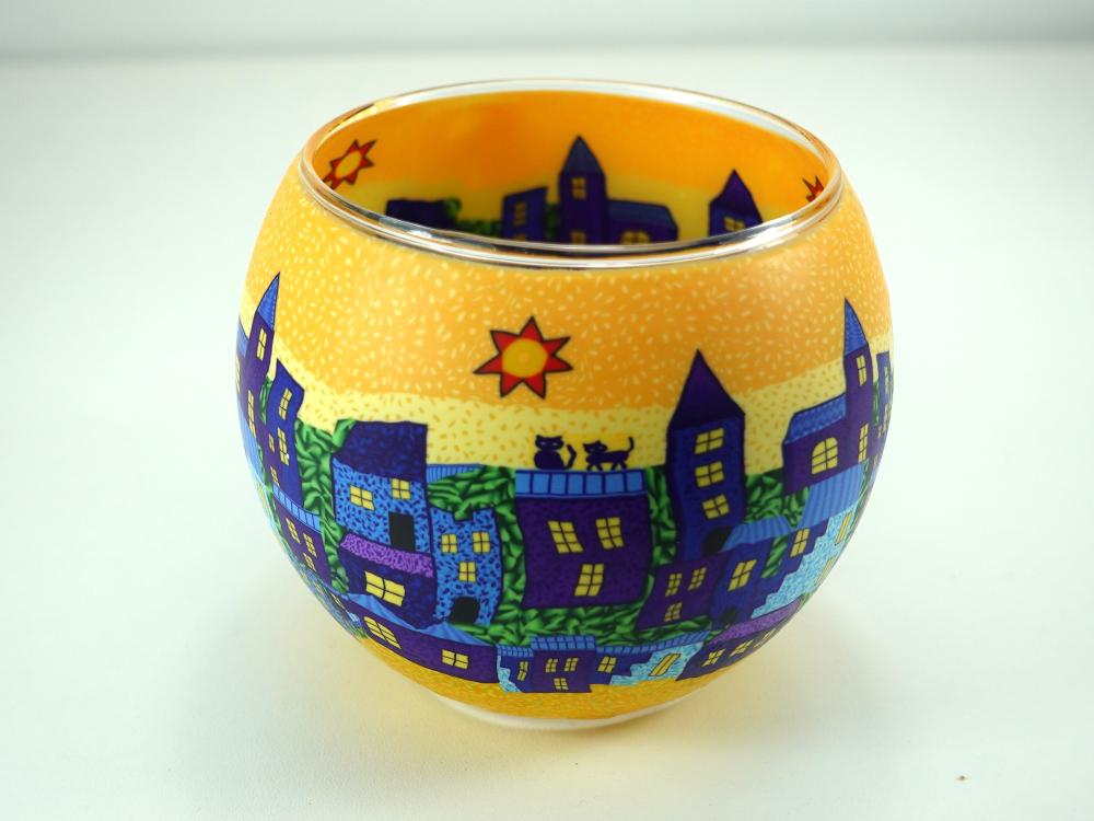 Leuchtglas Nr. 109856 Künstlermotiv Stadt in blau, Windlicht, Hellmann GmbH Erlangen