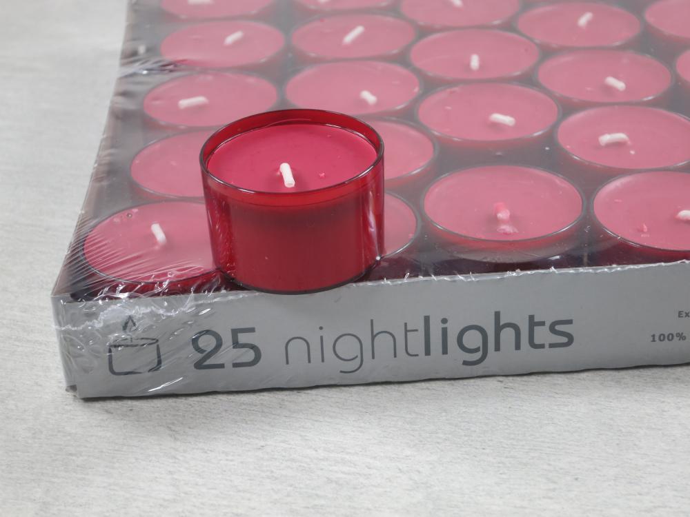 Teelicht Nightlights rubin, rote Hülle. Brenndauer 8 Std., Kerzen Wenzel