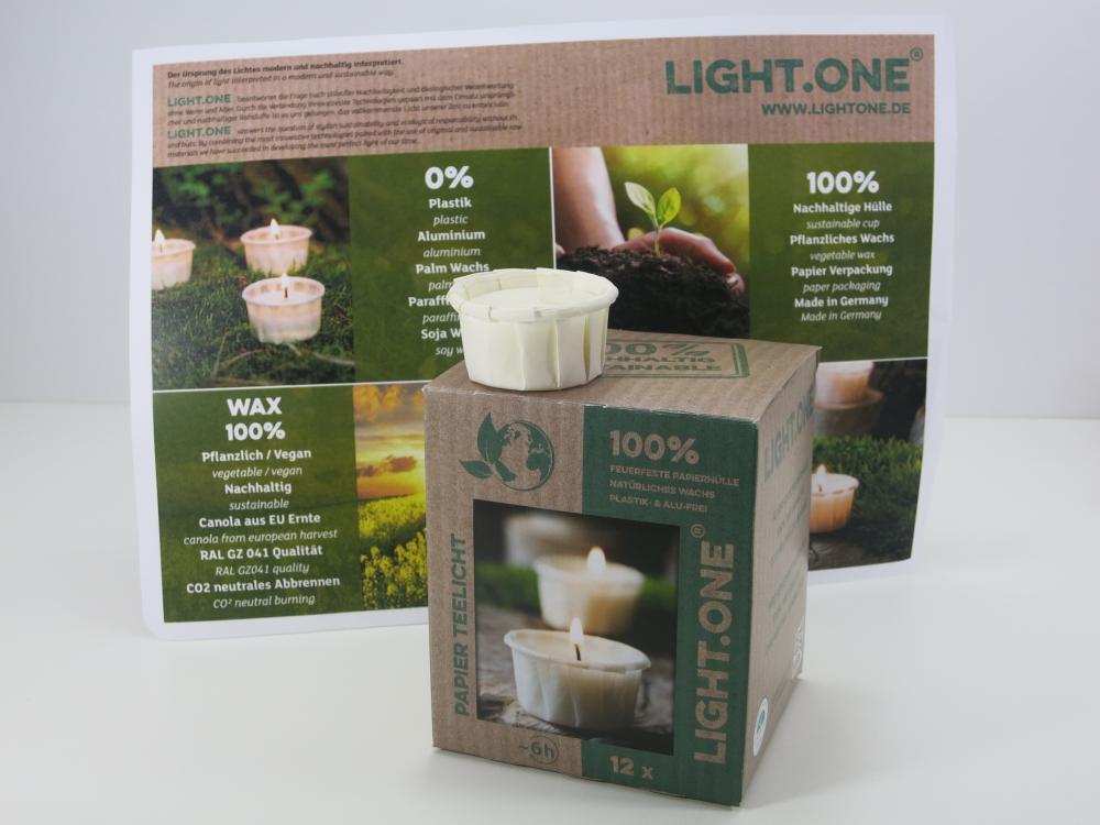 Teelicht LIGHT.ONE Teelicht mit Papierhülle Nachhaltig Ökologisch 12 Stück Wenzel Kerzen