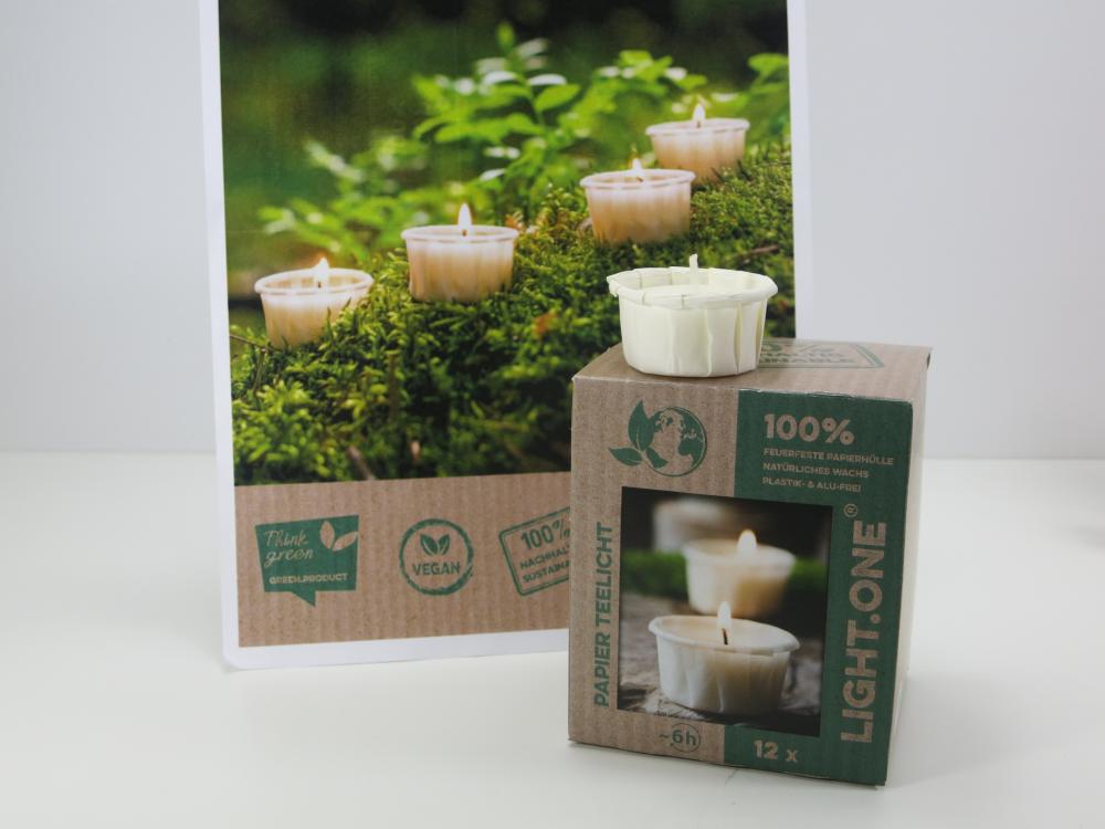 Teelicht LIGHT.ONE Teelicht mit Papierhülle Nachhaltig Ökologisch 12 Stück Wenzel Kerzen
