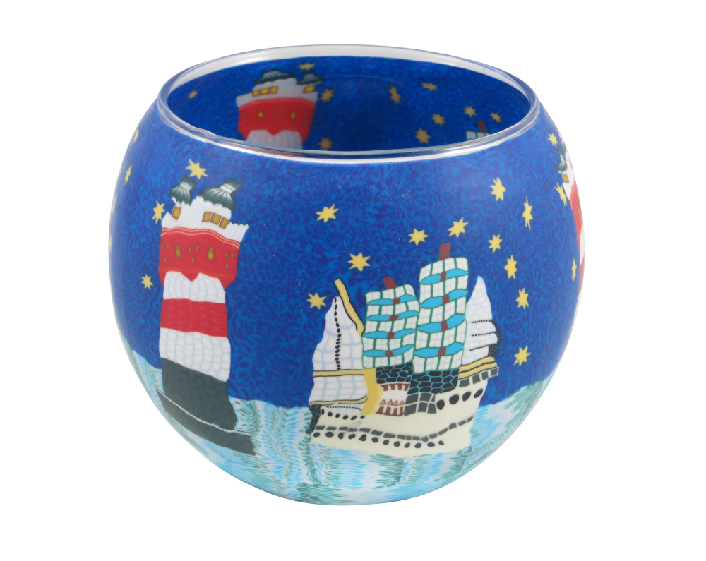 Leuchtglas Nr. 109352 Segelschiff mit Leuchtturm, blau, Windlicht