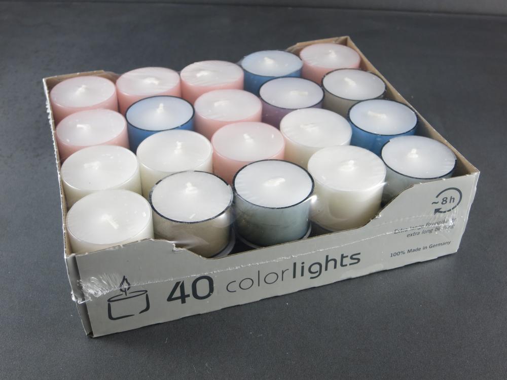 Teelichter Nightlights Colorlights pastell, Brennd. 8 Std., 40 Stück, farbige Hülle, Kerzen Wenzel